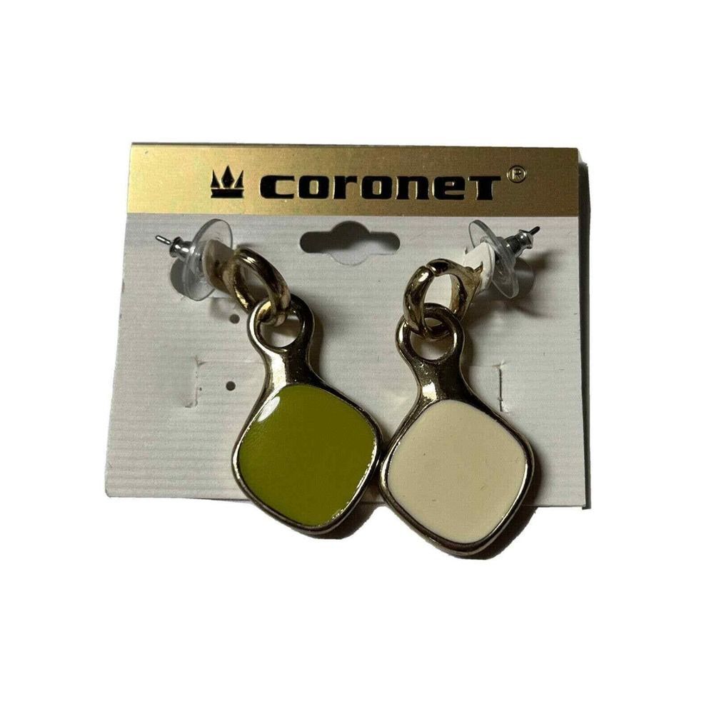 Coronet Gold Tone Chartreuse Green Cream Enamel Geometric Drop Dangle‎ Earrings
